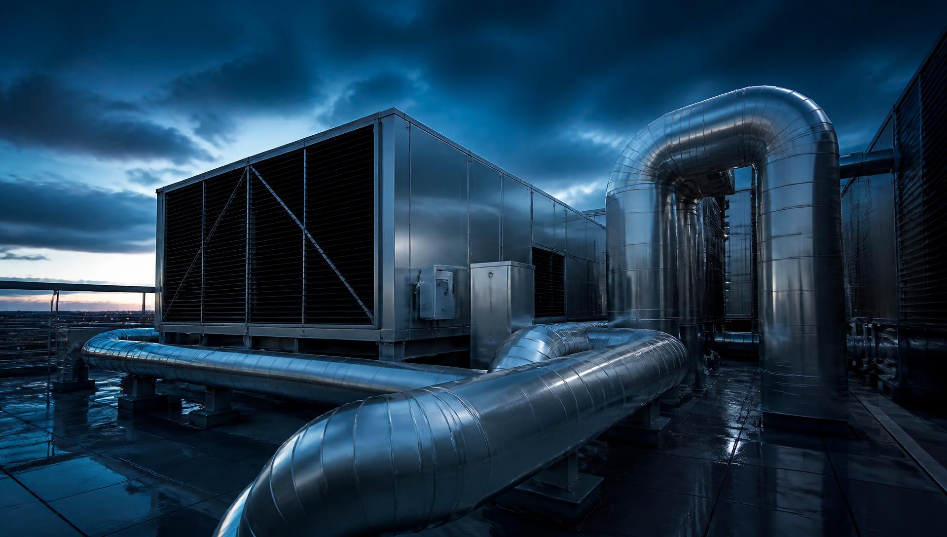 Instalación de climatización industrial en cubierta con conductos de acero inoxidable