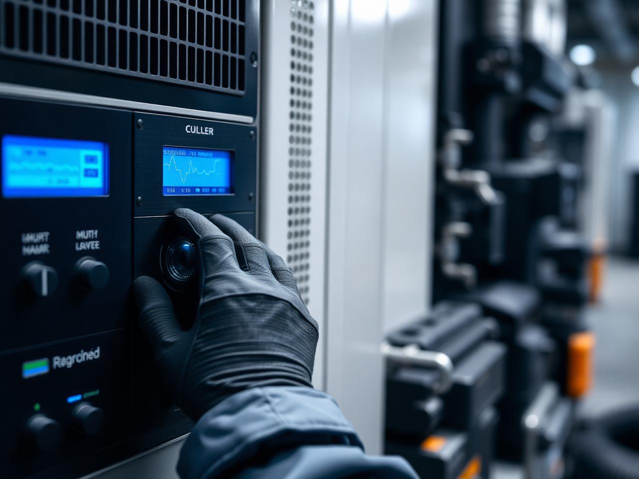 Técnico de Televent Industrial ajustando el cuadro de control de una enfriadora